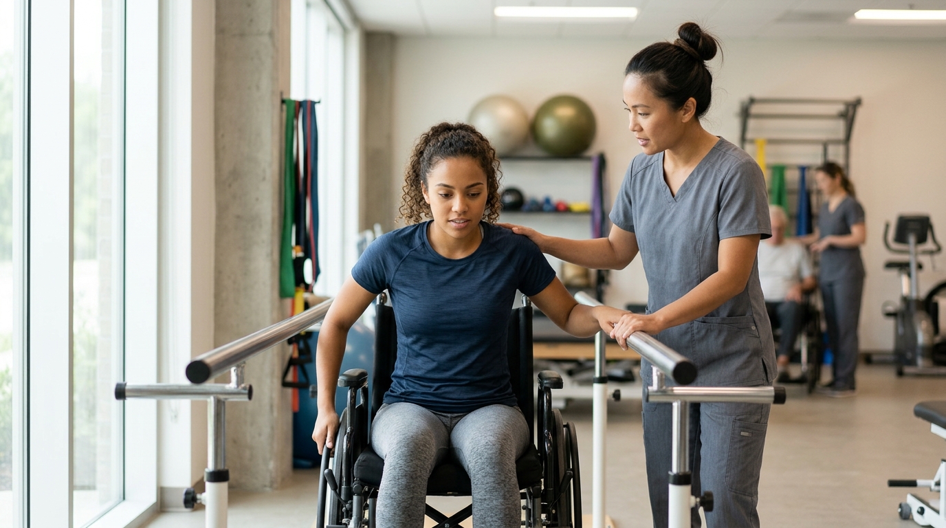 Young adult in a wheelchair working with a physical therapist in a spinal-cord-injury rehabilitation gym.