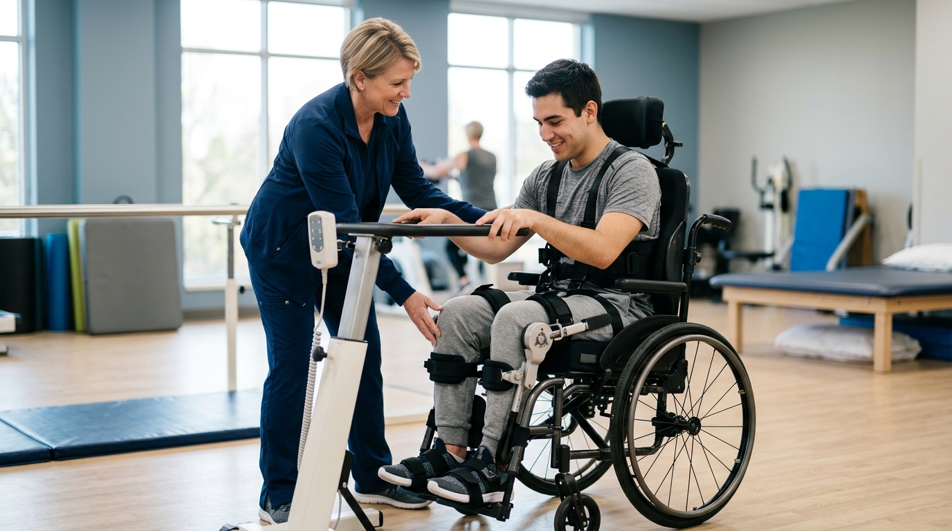 Young adult in a wheelchair working with a physical therapist in a spinal-cord-injury rehabilitation gym.