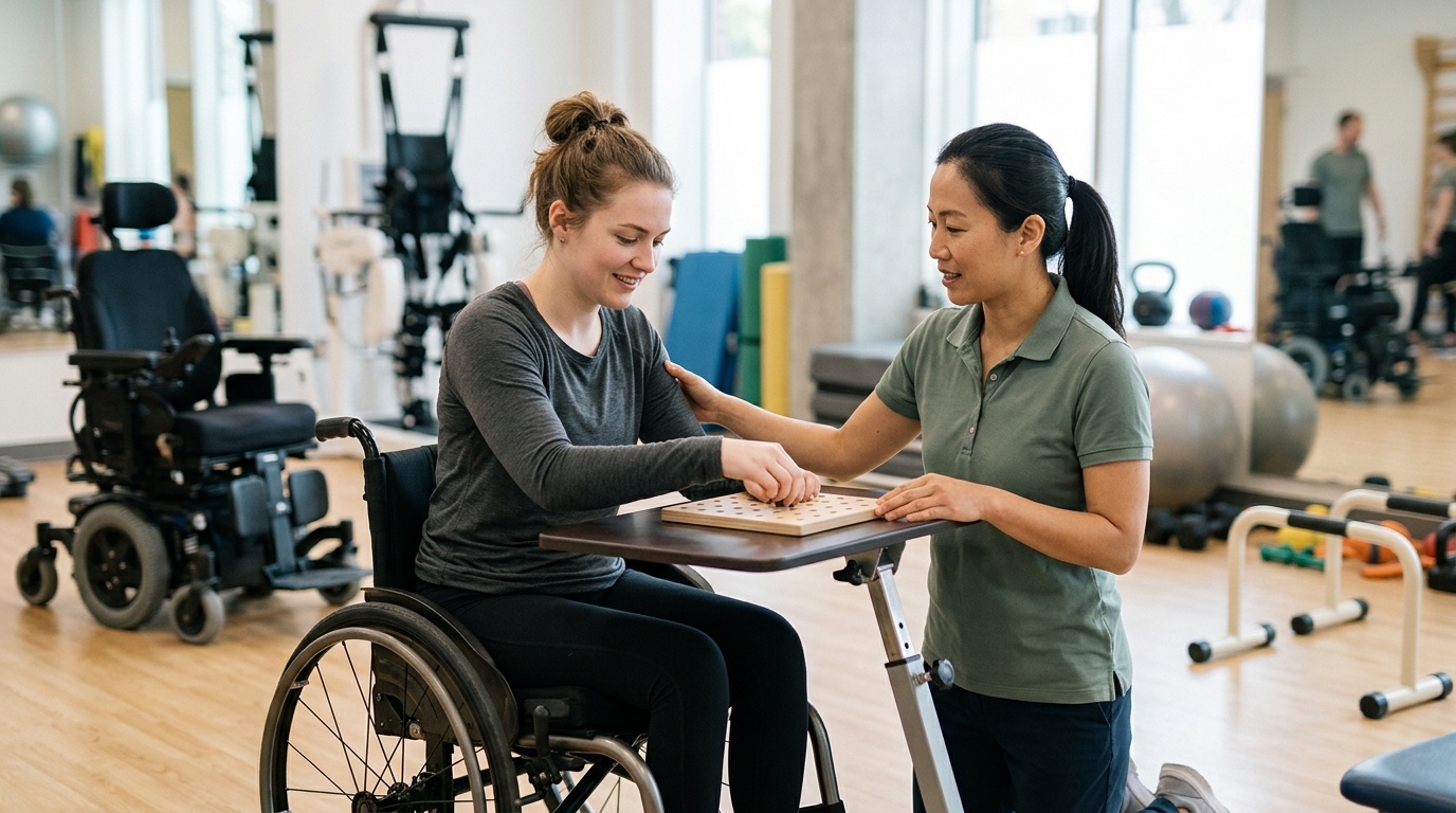 Young adult in a wheelchair working with a physical therapist in a spinal-cord-injury rehabilitation gym.
