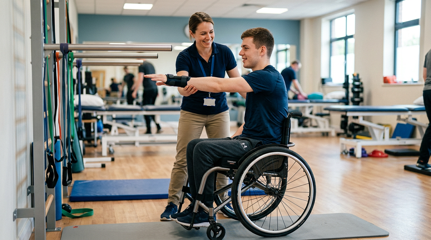 Young adult in a wheelchair working with a physical therapist in a spinal-cord-injury rehabilitation gym.