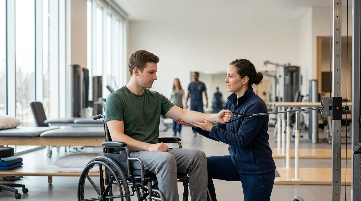 Young adult in a wheelchair working with a physical therapist in a spinal injury rehabilitation gym.