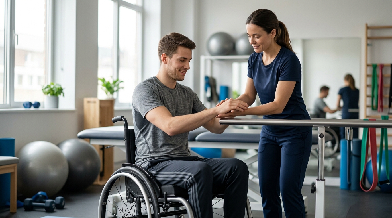 Young adult in a wheelchair working with a physical therapist in a spinal-cord-injury rehabilitation gym.
