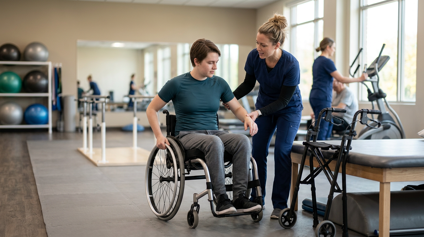Young adult in a wheelchair working with a physical therapist in a spinal-cord-injury rehabilitation gym.