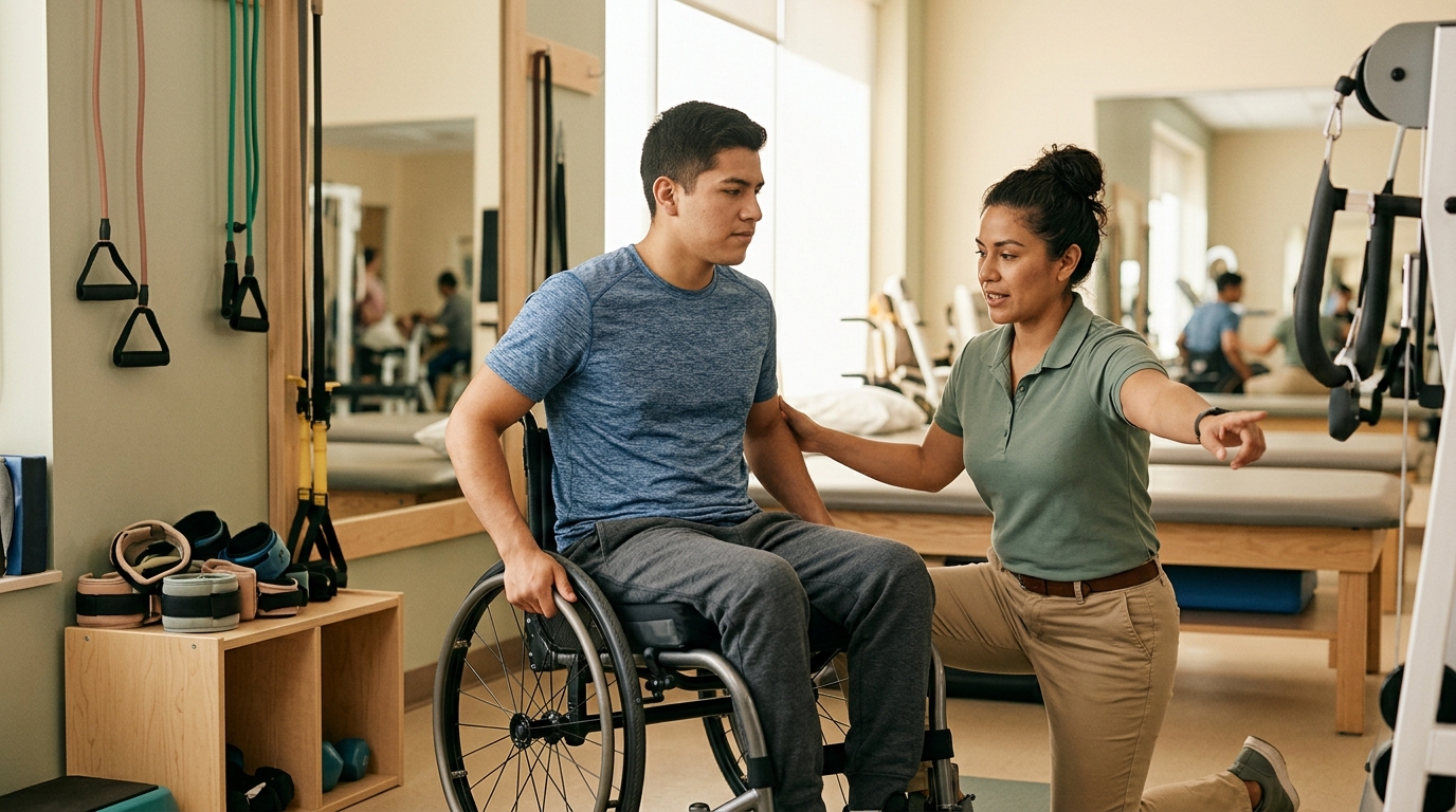 Young adult in a wheelchair working with a physical therapist in a spinal-cord-injury rehabilitation gym.