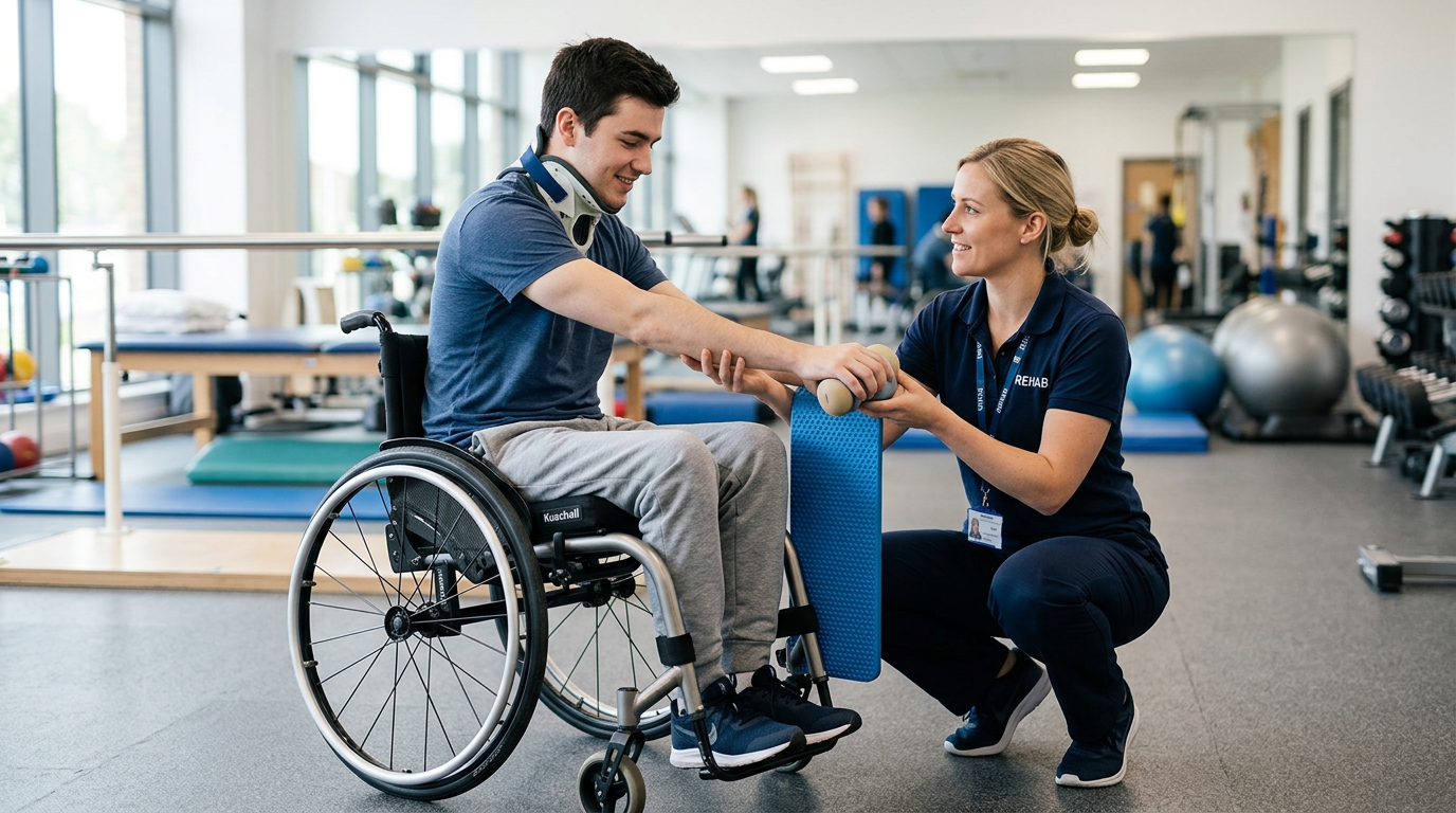 Young adult in a wheelchair working with a physical therapist in a rehabilitation gym.