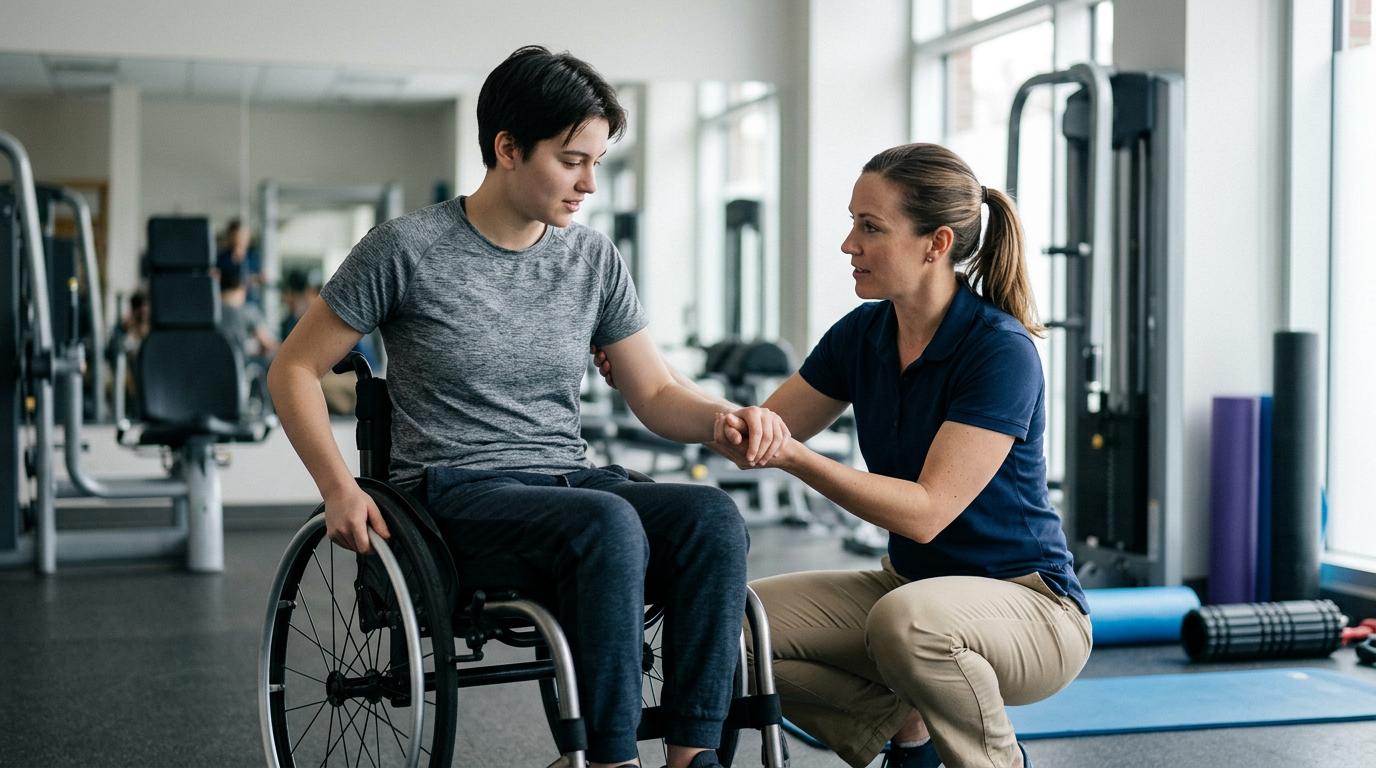 Young adult in a wheelchair working with a physical therapist in a rehabilitation gym.
