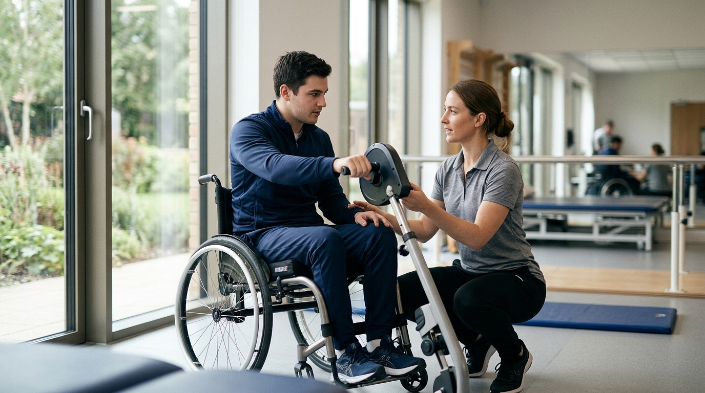 Young adult in a wheelchair working with a physical therapist in a spinal-cord-injury rehabilitation gym.