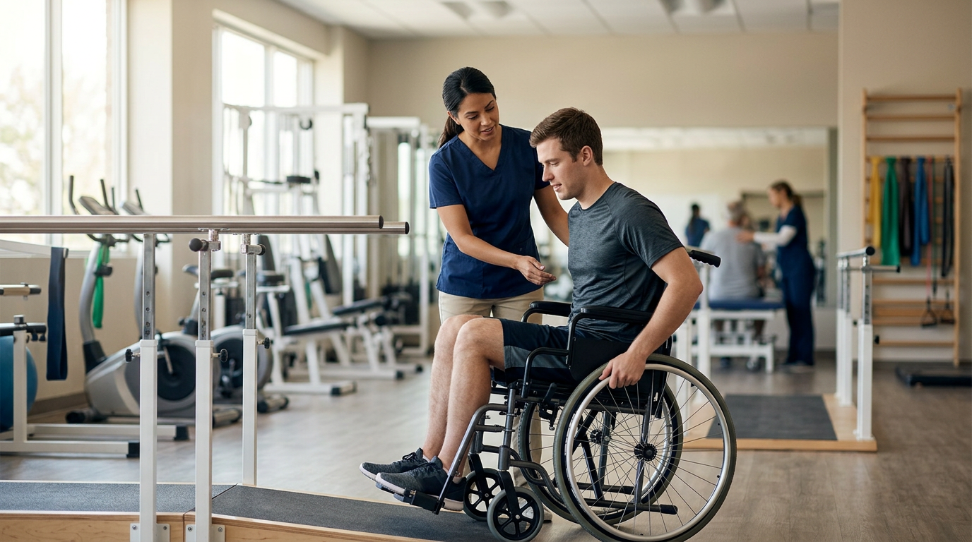 Young adult in a wheelchair working with a physical therapist in a rehabilitation gym.