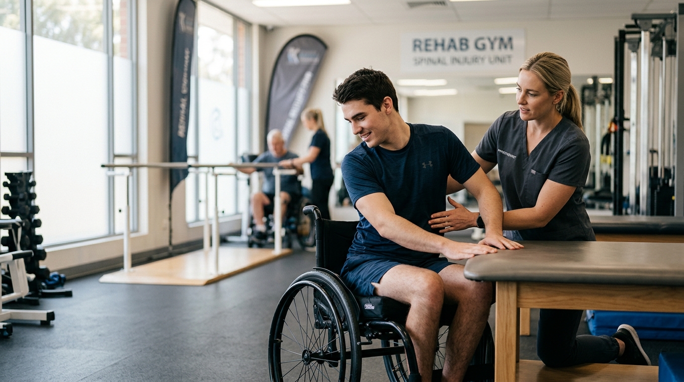 Young adult in a wheelchair working with a physical therapist in a spinal-cord-injury rehabilitation gym.