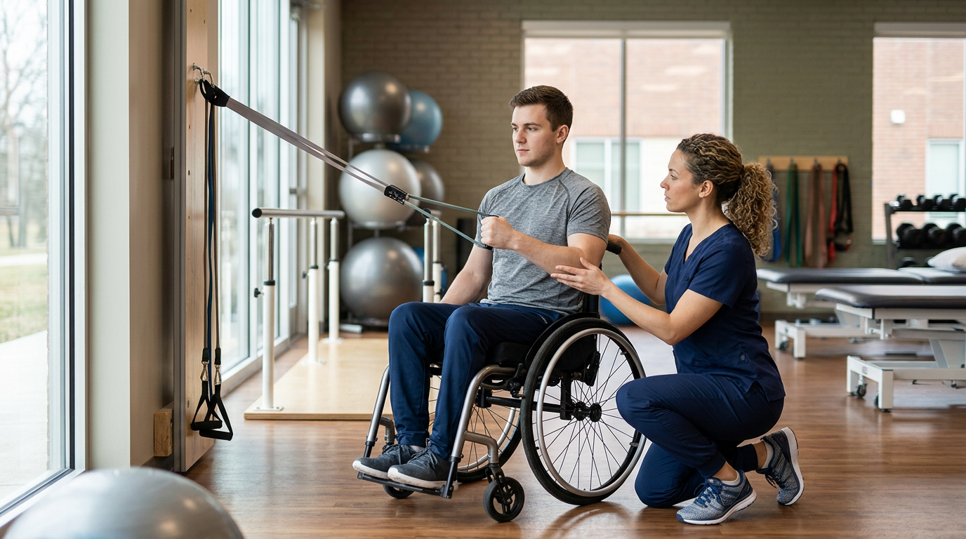 Young adult in a wheelchair working with a physical therapist in a rehabilitation gym.
