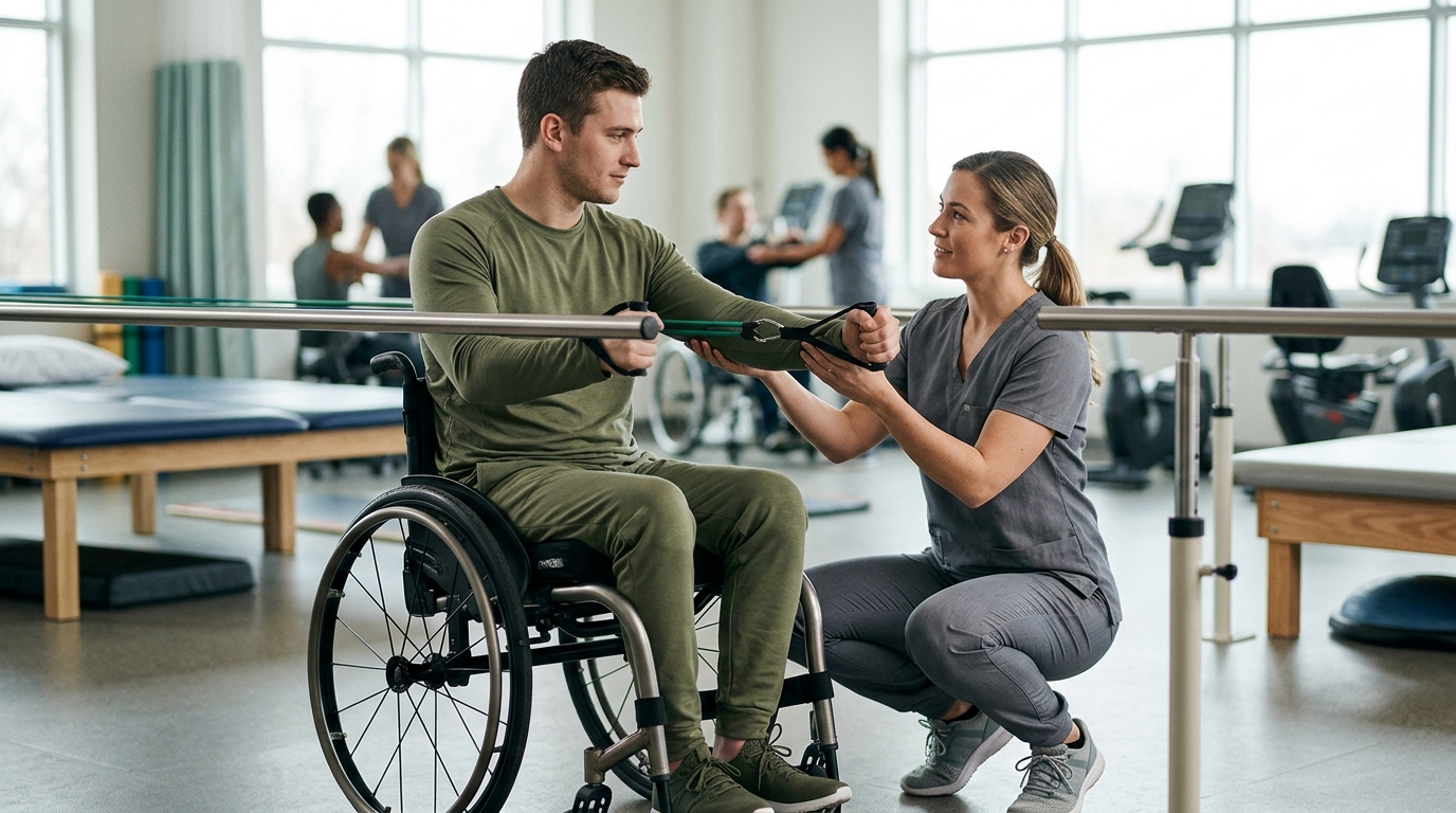 Young adult in a wheelchair working with a physical therapist in a spinal-cord-injury rehabilitation gym.