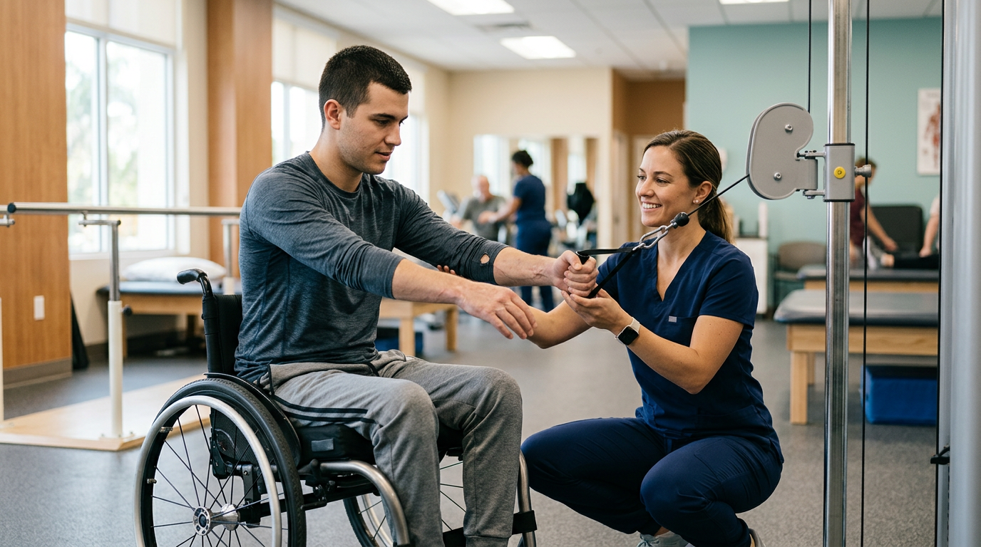 Young adult in a wheelchair working with a physical therapist in a rehabilitation gym.