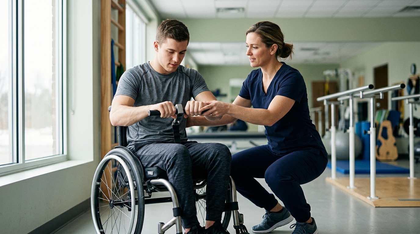 Young adult in a wheelchair working with a physical therapist in a spinal-cord-injury rehabilitation gym.