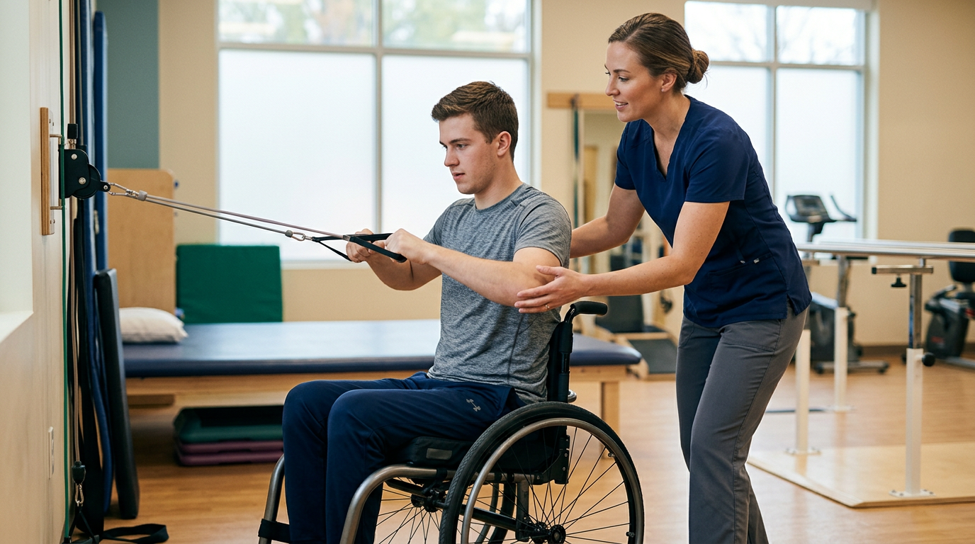 Young adult in a wheelchair working with a physical therapist in a rehabilitation gym.