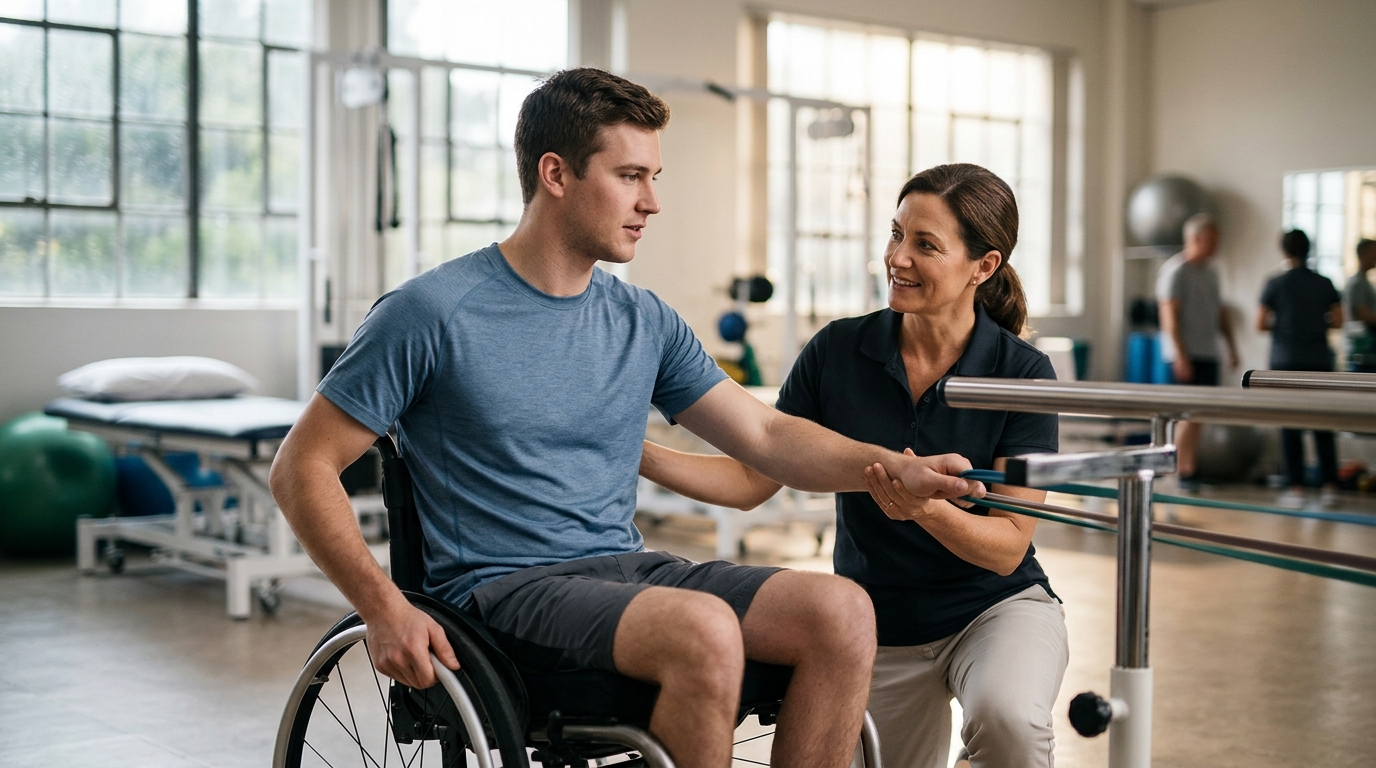 Young adult in a wheelchair working with a physical therapist in a spinal-cord-injury rehabilitation gym.