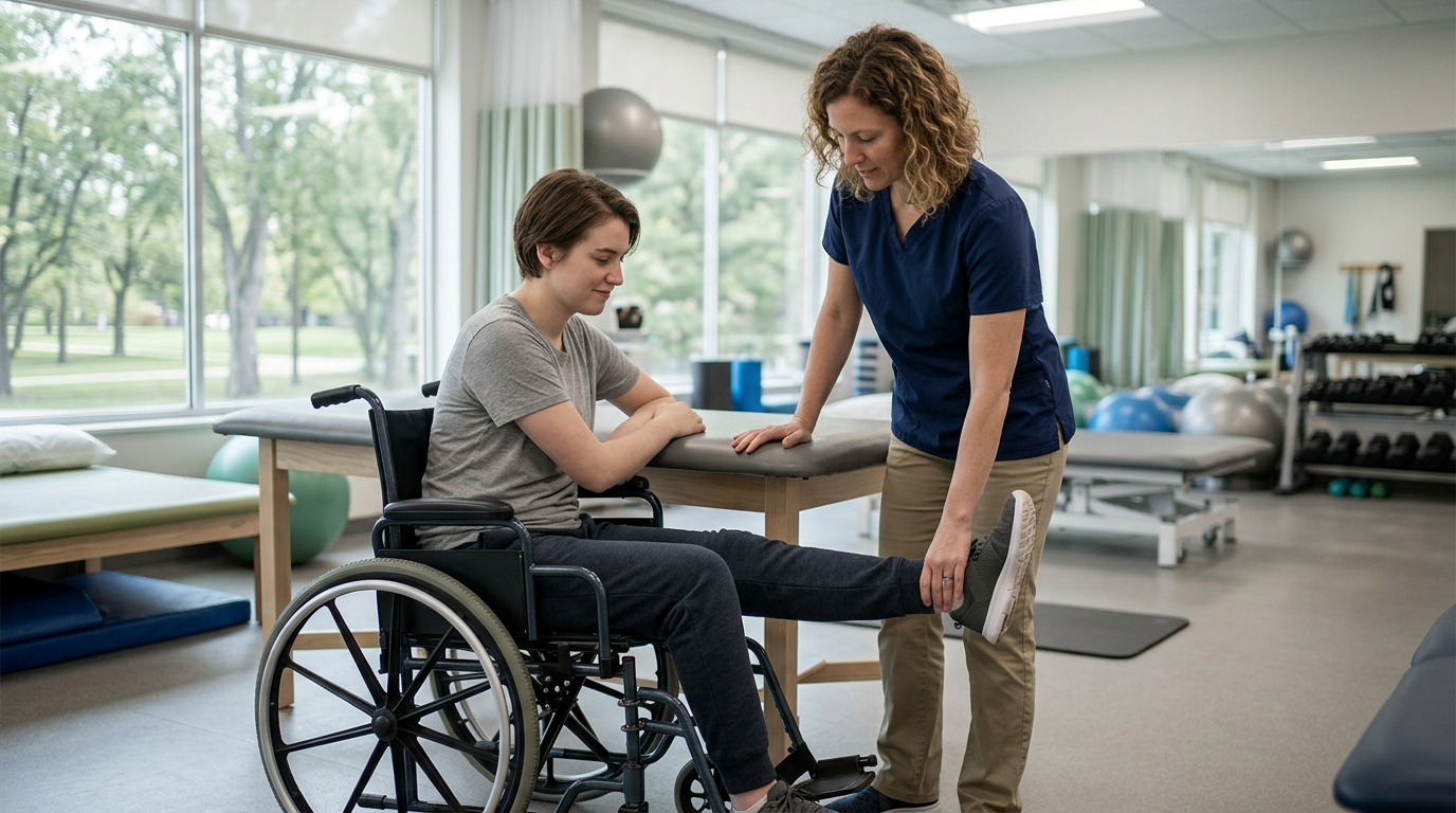 Young adult in a wheelchair working with a physical therapist in a spinal-cord-injury rehabilitation gym.