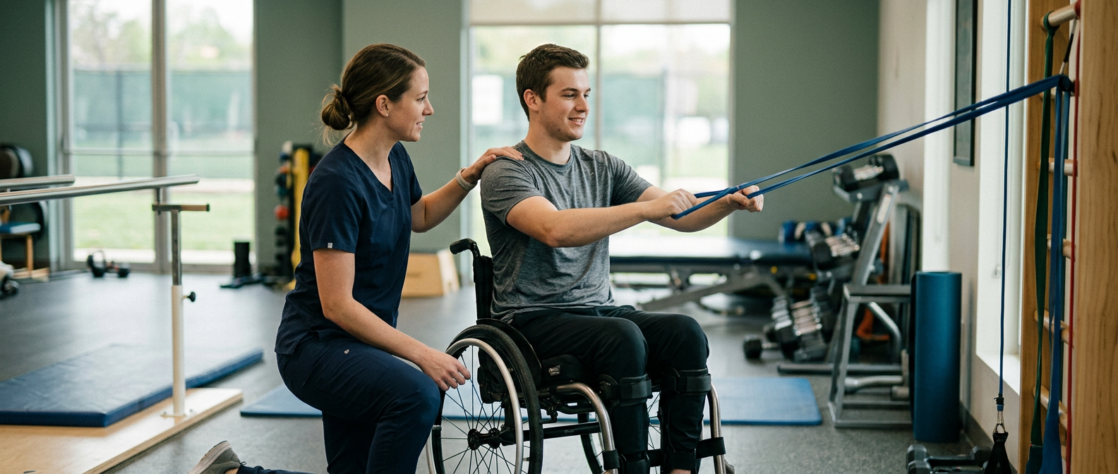 Young adult in a wheelchair working with a physical therapist in a spinal-cord-injury rehabilitation gym.