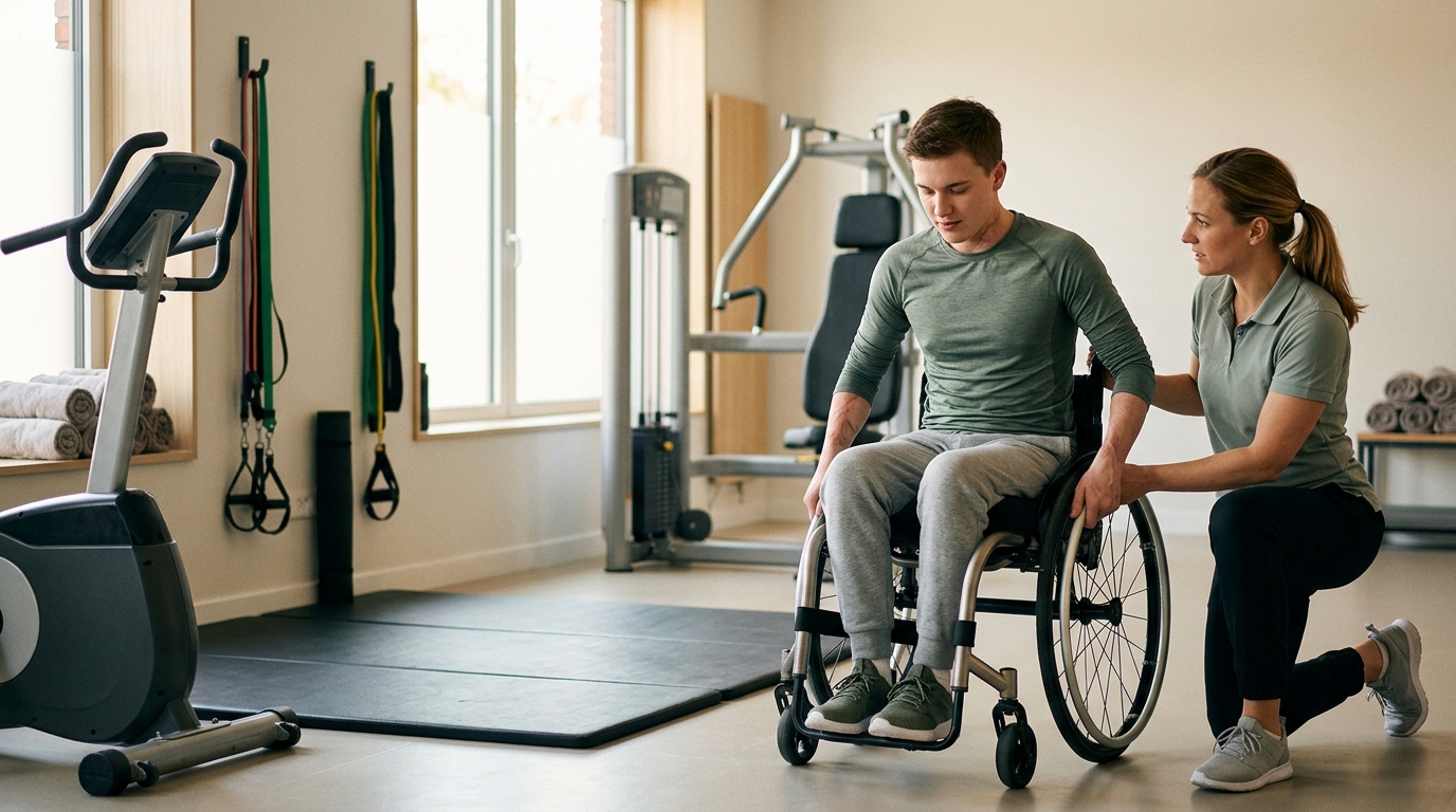Young adult in a wheelchair working with a physical therapist in a rehabilitation gym.