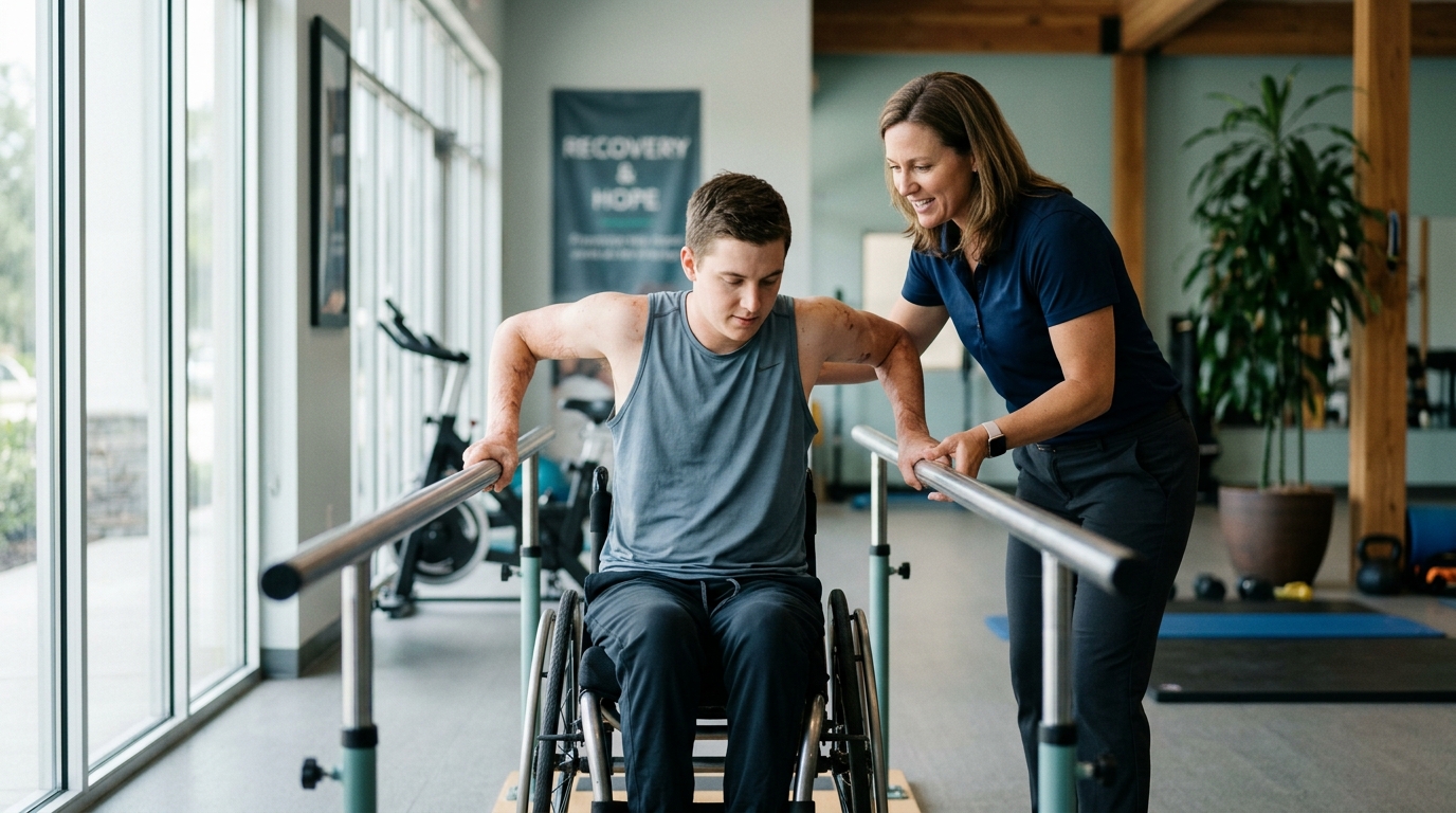 Young adult in a wheelchair working with a physical therapist in a rehabilitation gym.