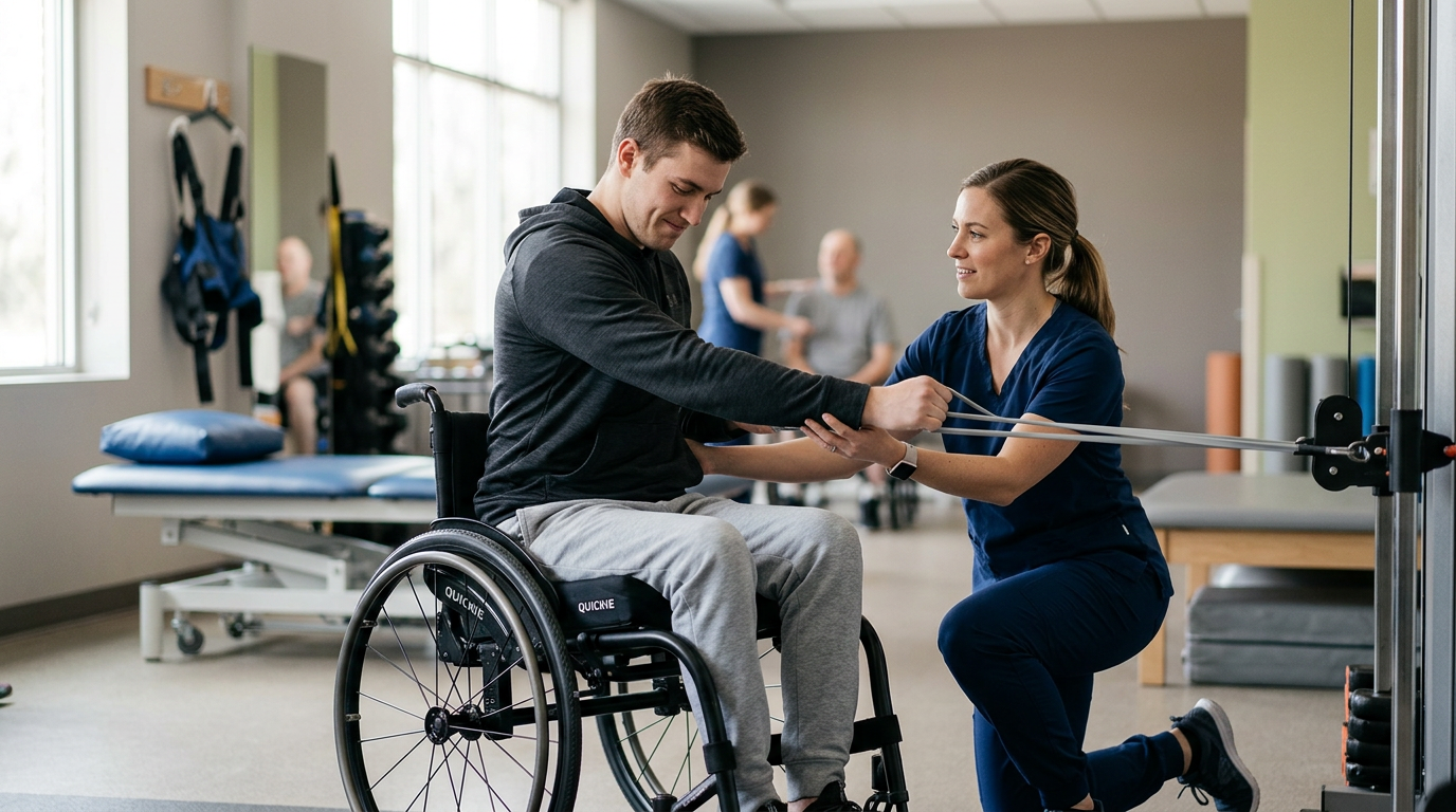 Young adult in a wheelchair working with a physical therapist in a spinal-cord-injury rehabilitation gym.