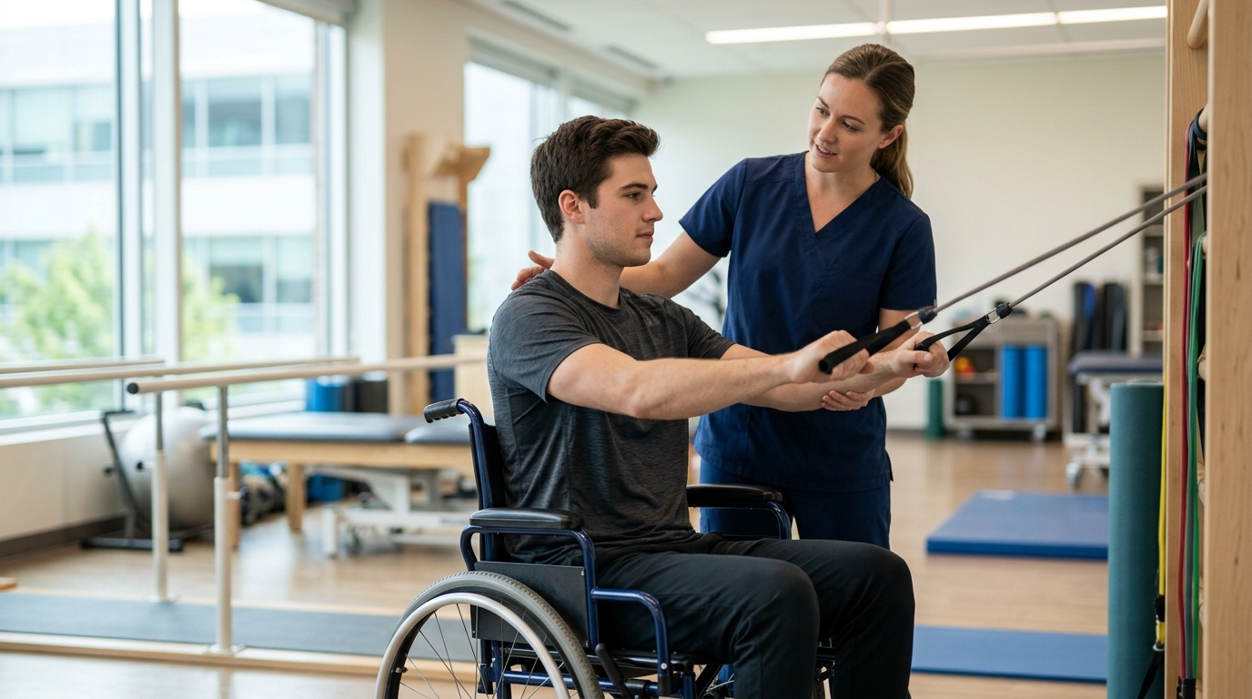Young adult in a wheelchair working with a physical therapist in a spinal-cord-injury rehabilitation gym.