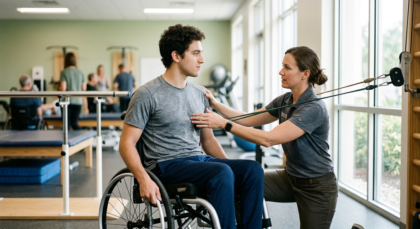 Young adult in a wheelchair working with a physical therapist in a spinal-cord-injury rehabilitation gym.