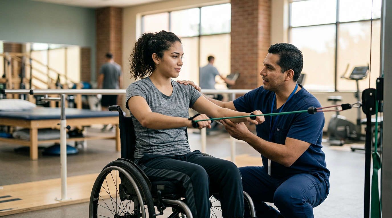 Young adult in a wheelchair working with a physical therapist in a spinal-cord-injury rehabilitation gym.