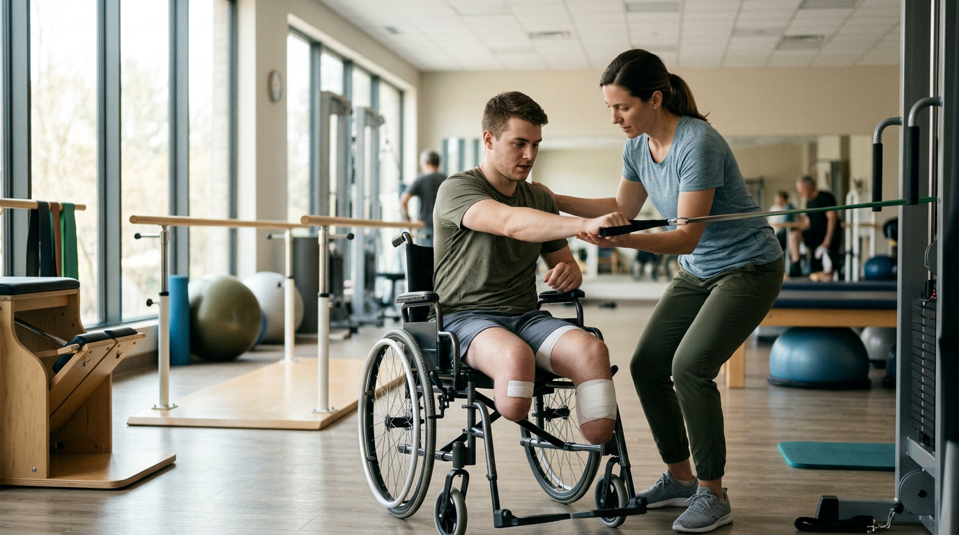 Young adult in a wheelchair working with a physical therapist in a rehabilitation gym.