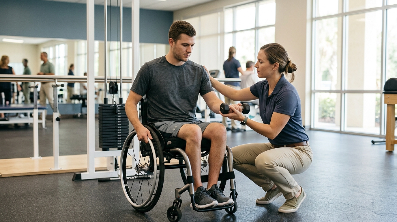 Young adult in a wheelchair working with a physical therapist in a spinal-cord-injury rehabilitation gym.