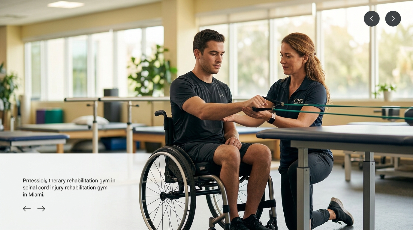 Young adult in a wheelchair working with a physical therapist in a spinal-cord-injury rehabilitation gym.
