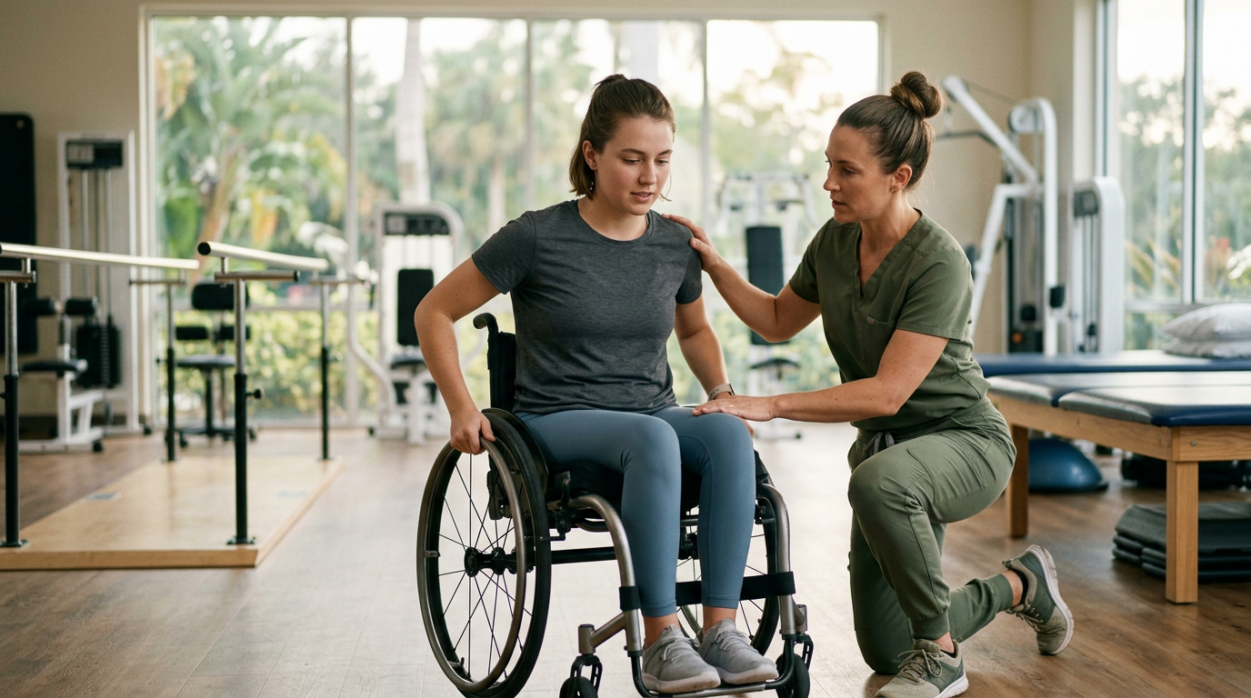 a young adult in a wheelchair in a spinal-cord-injury rehabilitation gym with a physical therapist
