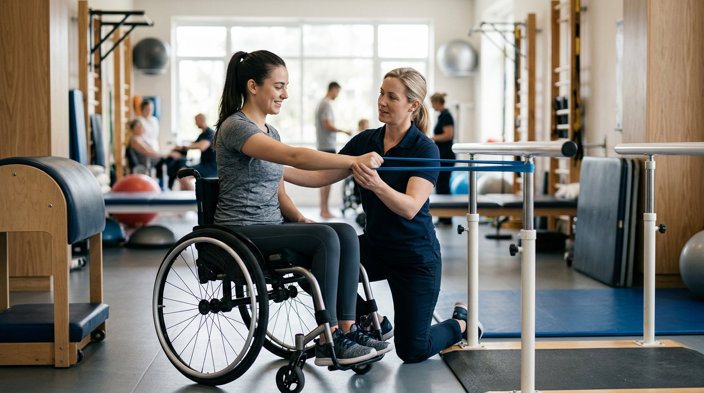 Young adult in a wheelchair working with a physical therapist in a spinal cord injury rehabilitation gym.
