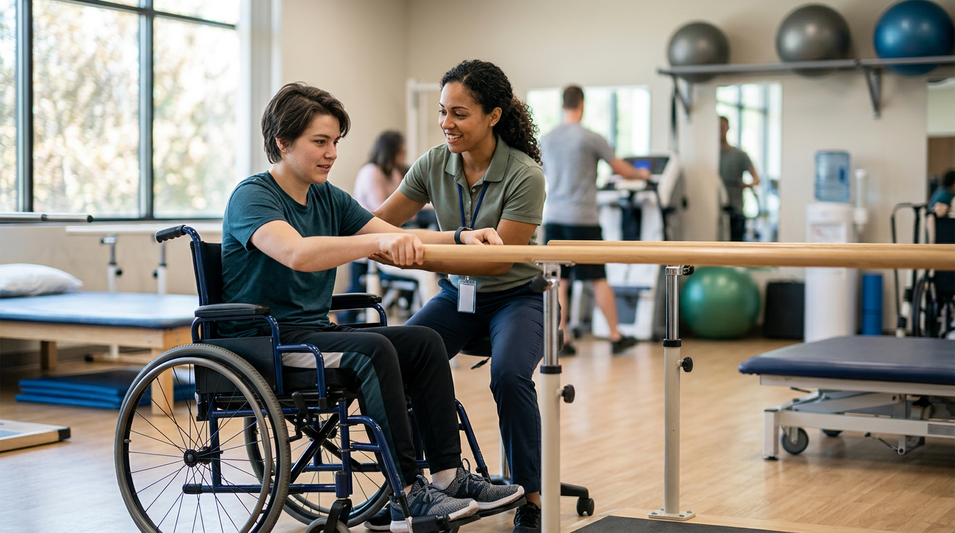 Young adult in a wheelchair working with a physical therapist in a rehabilitation gym.