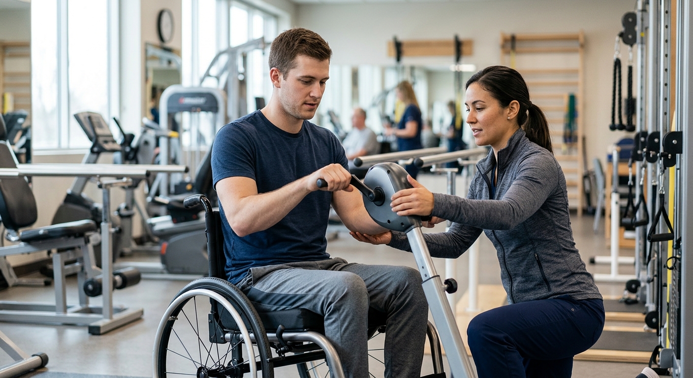 Young adult in a wheelchair working with a physical therapist in a spinal-cord-injury rehabilitation gym.