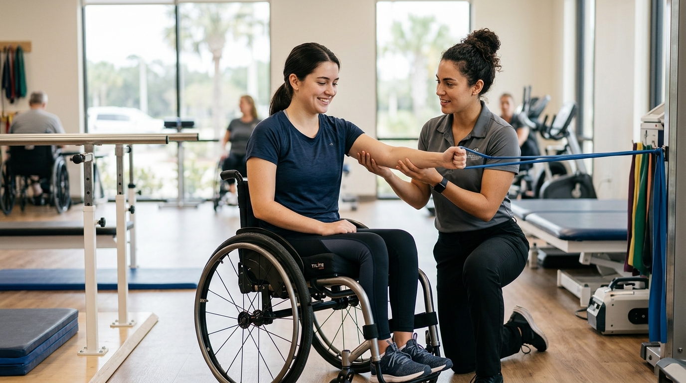 Young adult in a wheelchair working with a physical therapist in a spinal-cord-injury rehabilitation gym.