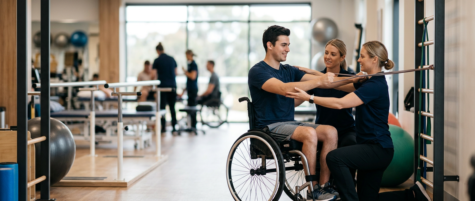 Young adult in a wheelchair working with a physical therapist in a spinal injury rehabilitation gym.