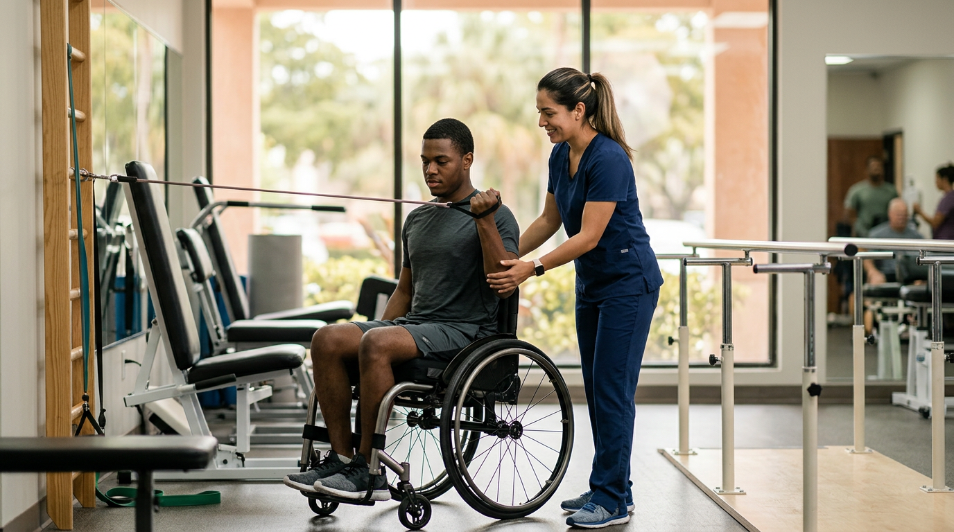 a young adult in a wheelchair in a spinal-cord-injury rehabilitation gym with a physical therapist