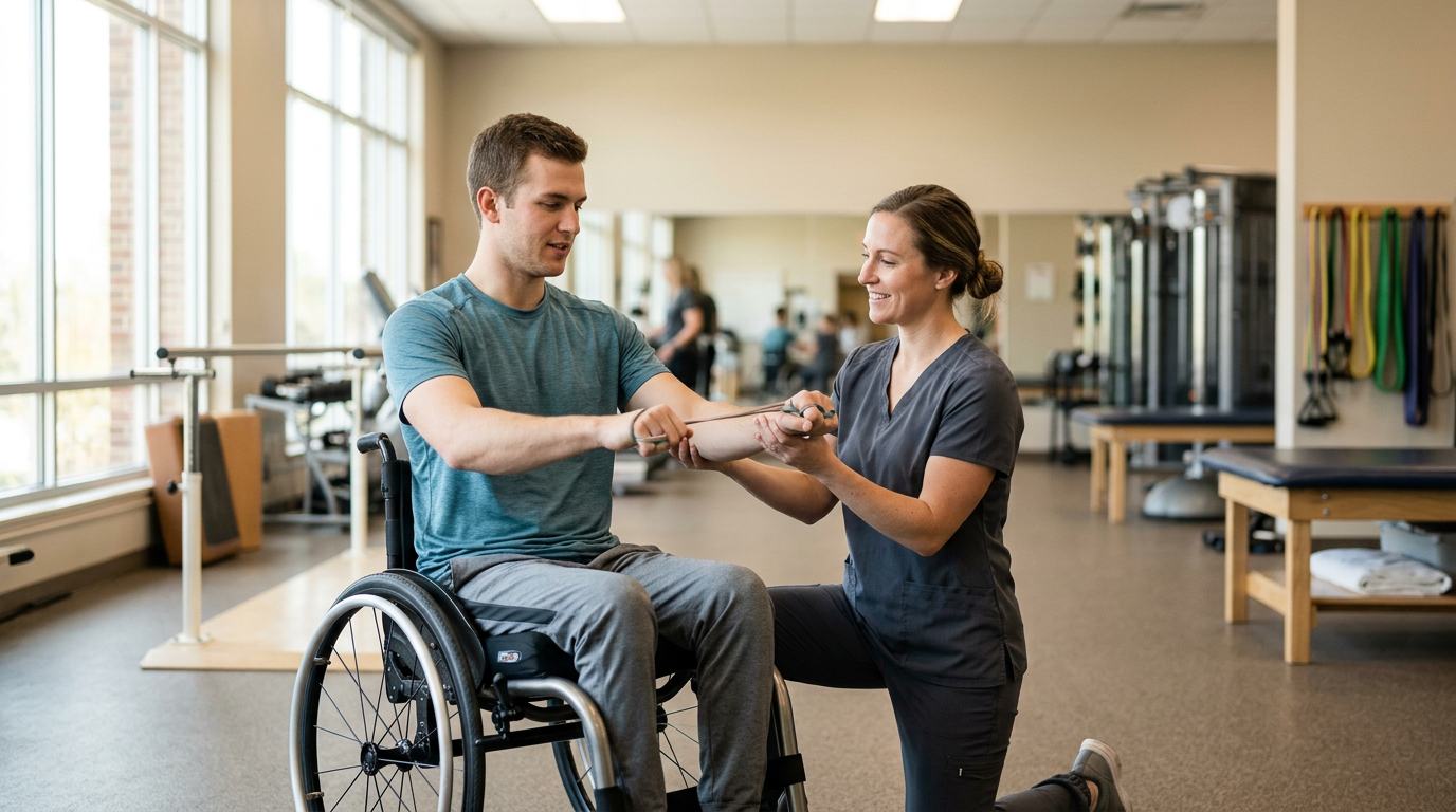 Young adult in a wheelchair working with a physical therapist in a spinal-cord-injury rehabilitation gym.