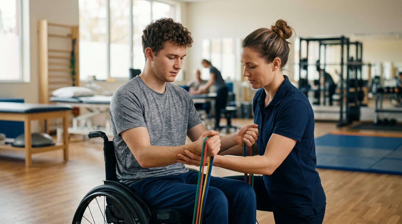 Young adult in a wheelchair working with a physical therapist in a rehabilitation gym.