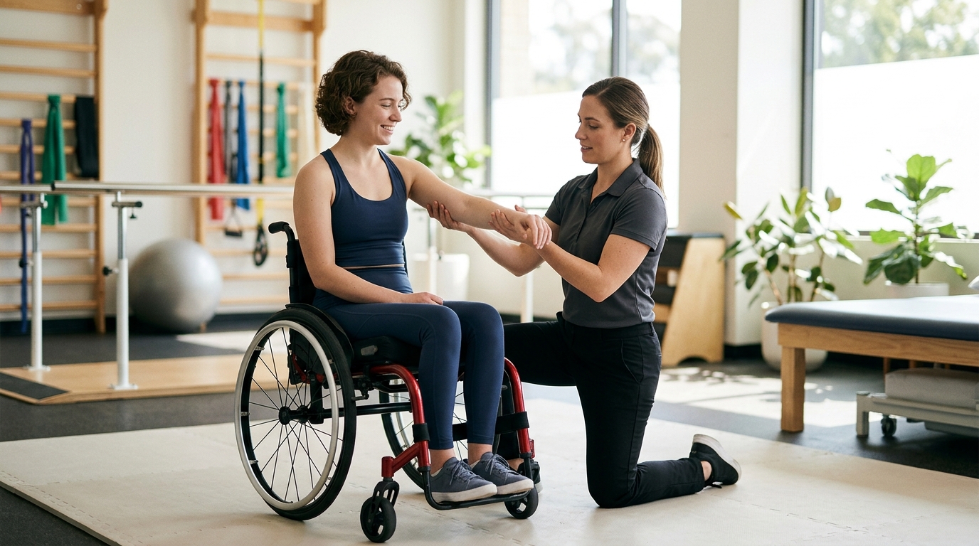 Young adult in a wheelchair working with a physical therapist in a spinal-cord-injury rehabilitation gym.
