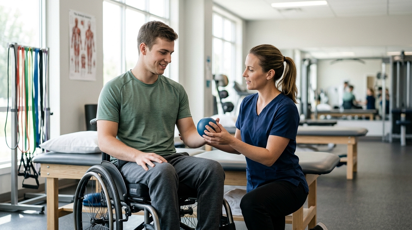 Young adult in a wheelchair working with a physical therapist in a rehabilitation gym.