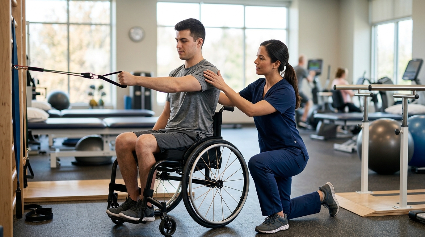 Young adult in a wheelchair working with a physical therapist in a spinal cord injury rehabilitation gym.