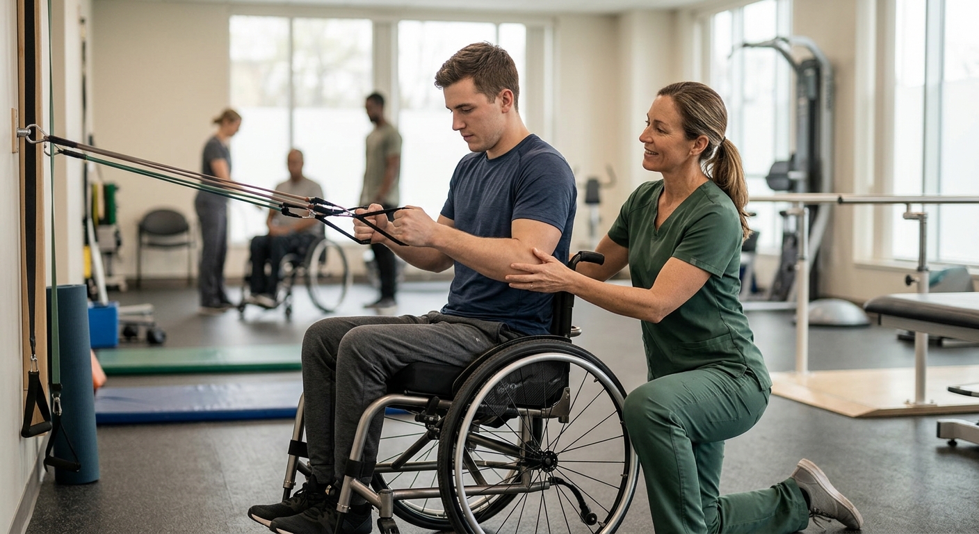 Young adult in a wheelchair working with a physical therapist in a spinal injury rehabilitation gym.