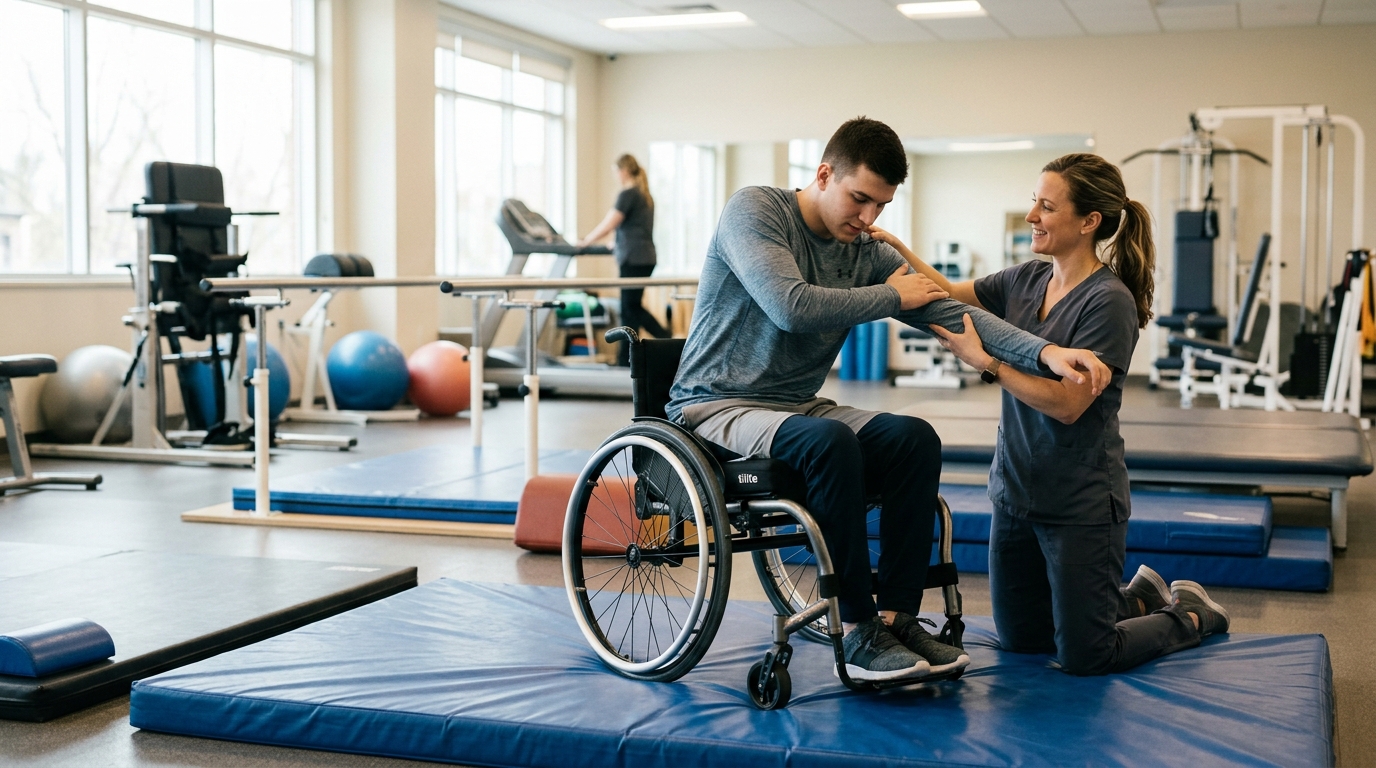 Young adult in a wheelchair working with a physical therapist in a rehabilitation gym.