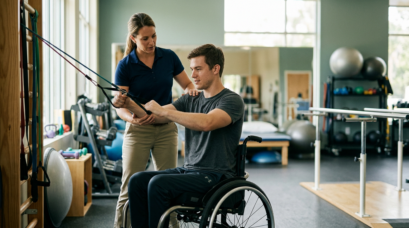 a young adult in a wheelchair in a spinal-cord-injury rehabilitation gym with a physical therapist