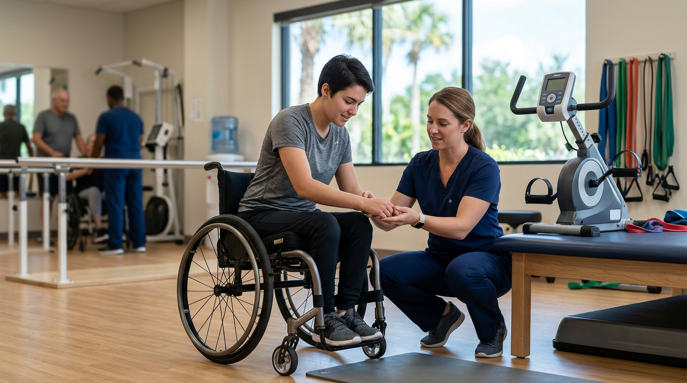 a young adult in a wheelchair in a spinal-cord-injury rehabilitation gym with a physical therapist
