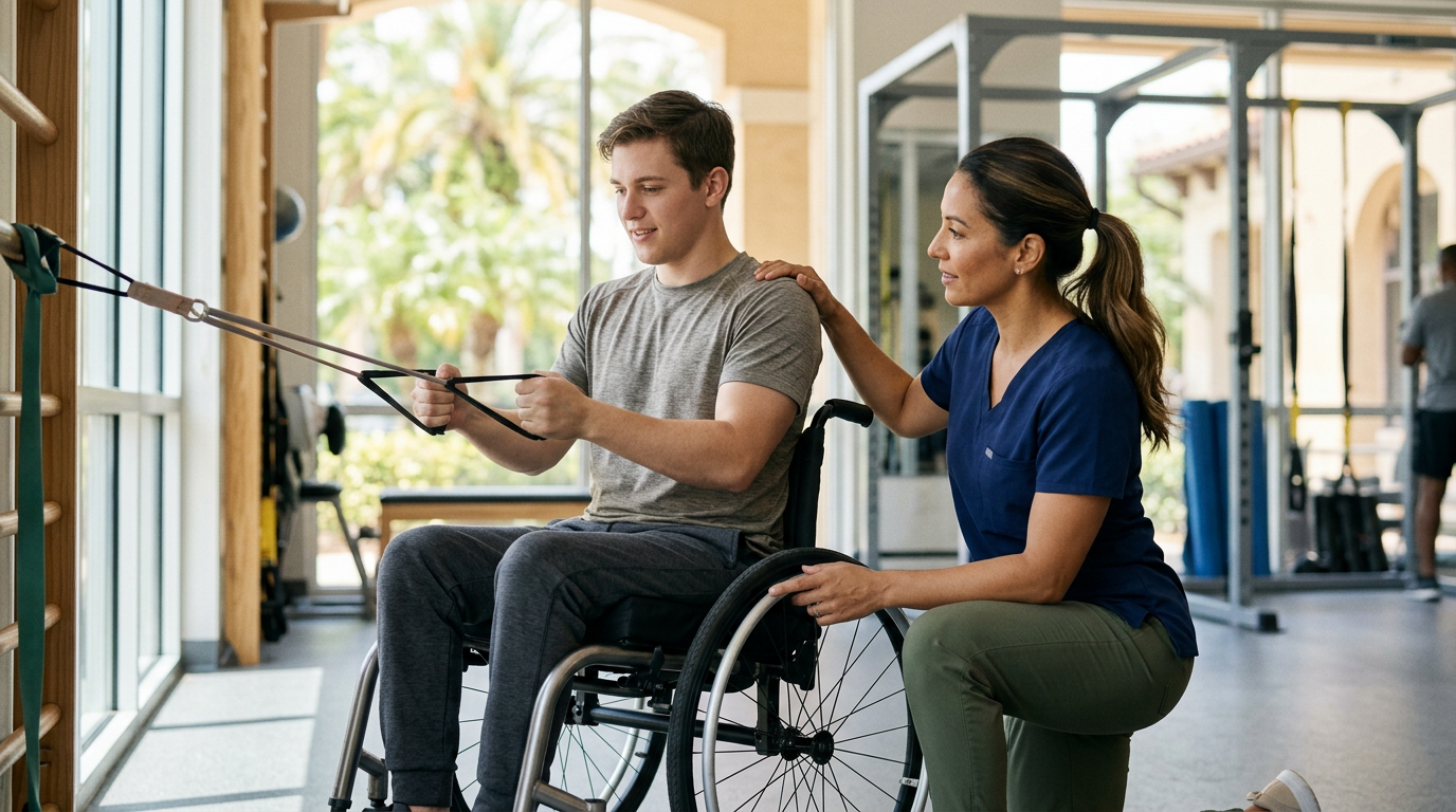 a young adult in a wheelchair in a spinal-cord-injury rehabilitation gym with a physical therapist
