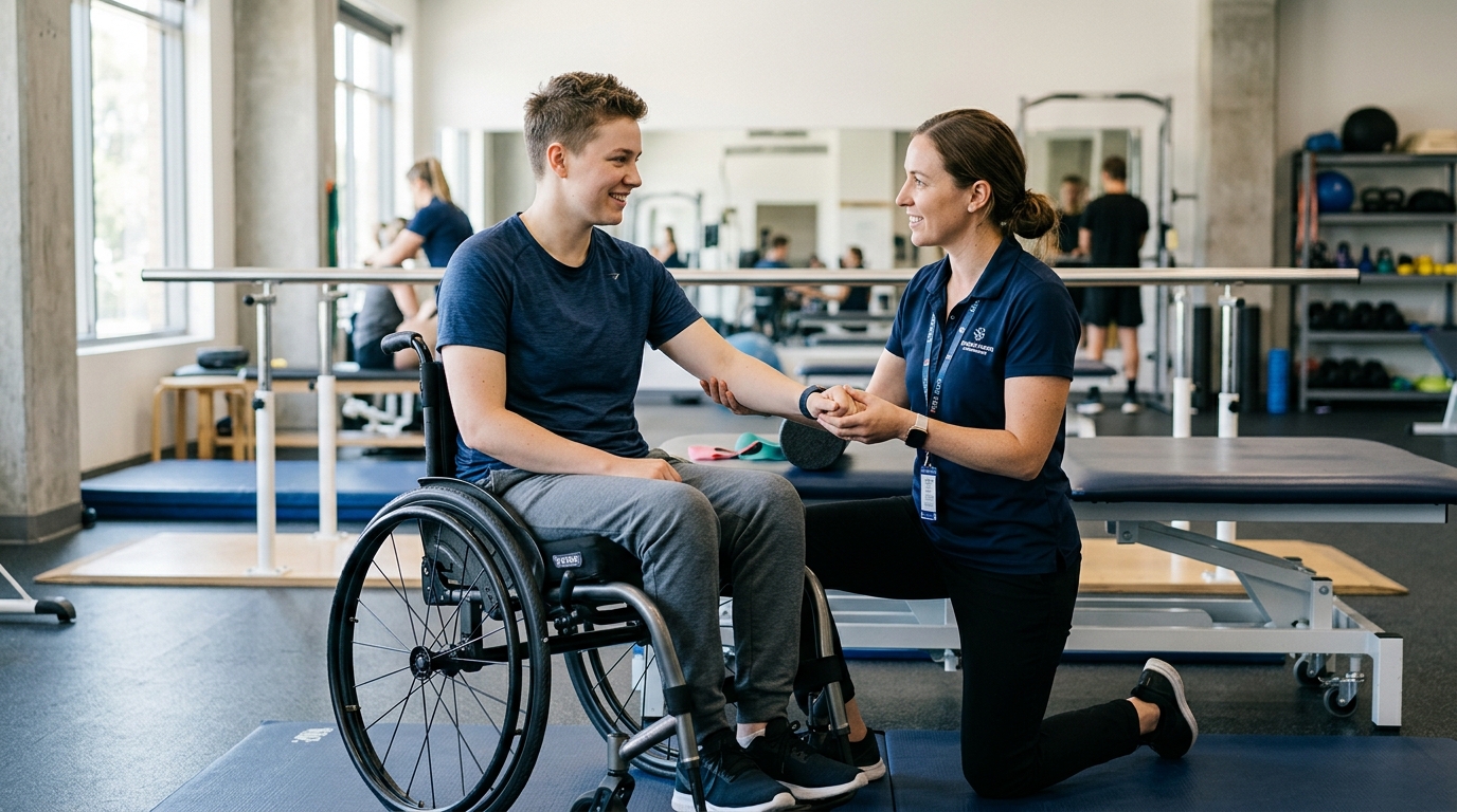 Young adult in a wheelchair working with a physical therapist in a spinal-cord-injury rehabilitation gym.
