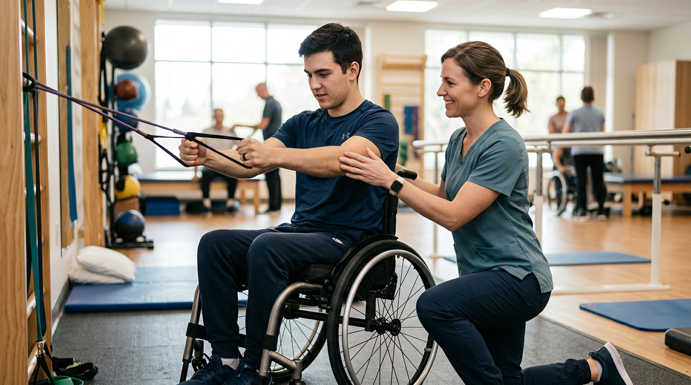 a young adult in a wheelchair in a spinal-cord-injury rehabilitation gym with a physical therapist