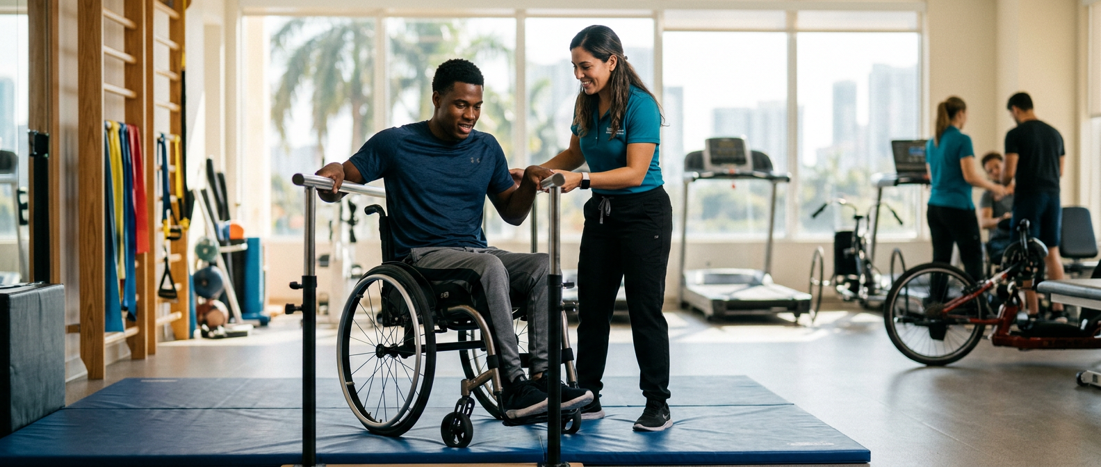 a young adult in a wheelchair in a spinal-cord-injury rehabilitation gym with a physical therapist